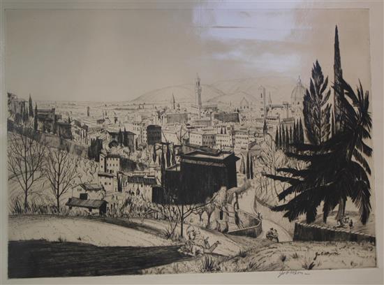 Job Nixon (1891-1938), 4 engravings, The Rialto, Venice, Florence, Cervara de Roma and The Temples of Venus and Roma, Rome